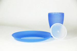 plastic cup with lid and plate blue