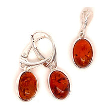 Load image into Gallery viewer, Amber and Silver Set - Earrings and Pendant - Oval Shape