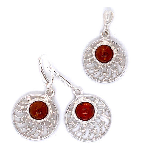 Amber and Silver Set - Earrings and Pendant - Round Stone in a Web