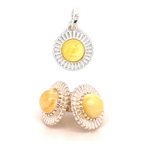 Amber and Silver Set - Earrings and Pendant - Sun Shape